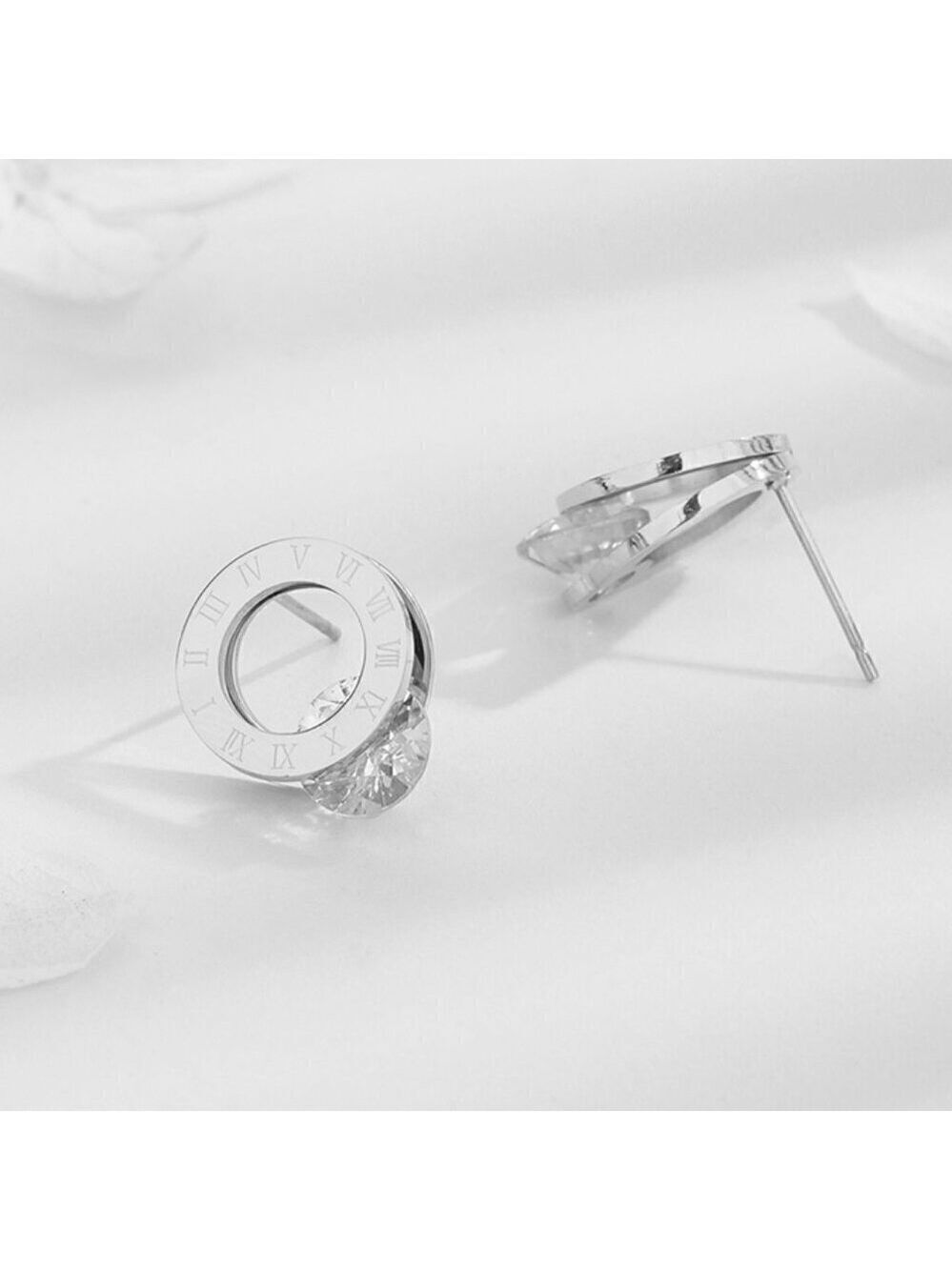 Stainless Steel Roman Numeral Simulated Diamond Earrings